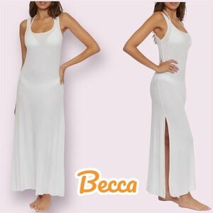 Becca Mykonos Ribbed Maxi Dress White Tank Sleeveless Slit Beach Cover Up Large